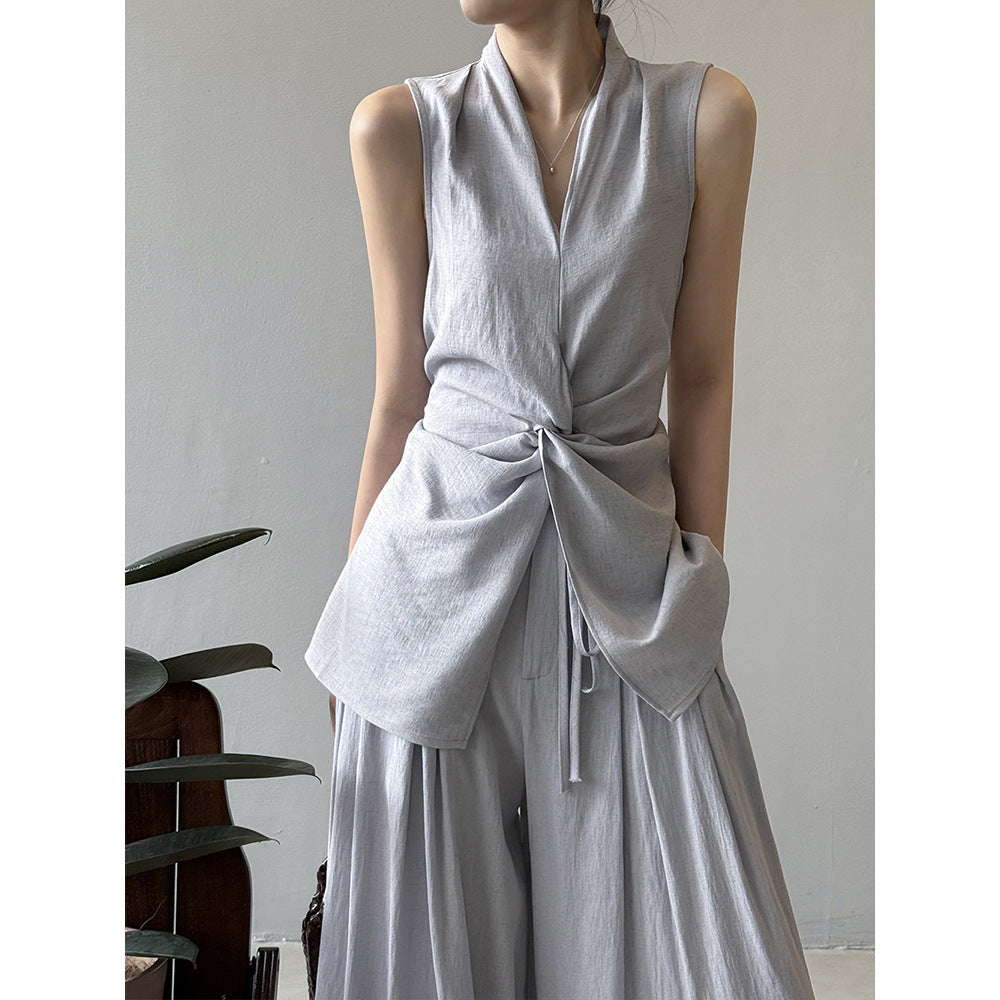 Design Twist Sleeveless Shirt Outfit Temperament Top Wide-leg Draggle-tail Trousers