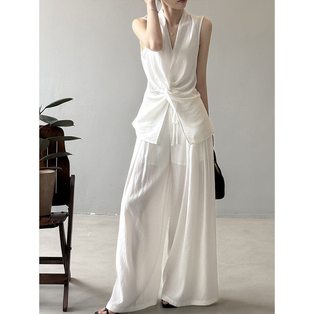 Design Twist Sleeveless Shirt Outfit Temperament Top Wide-leg Draggle-tail Trousers