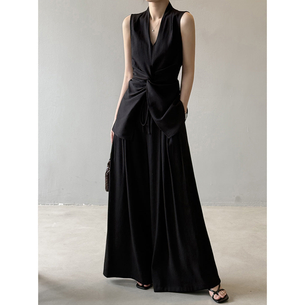 Design Twist Sleeveless Shirt Outfit Temperament Top Wide-leg Draggle-tail Trousers