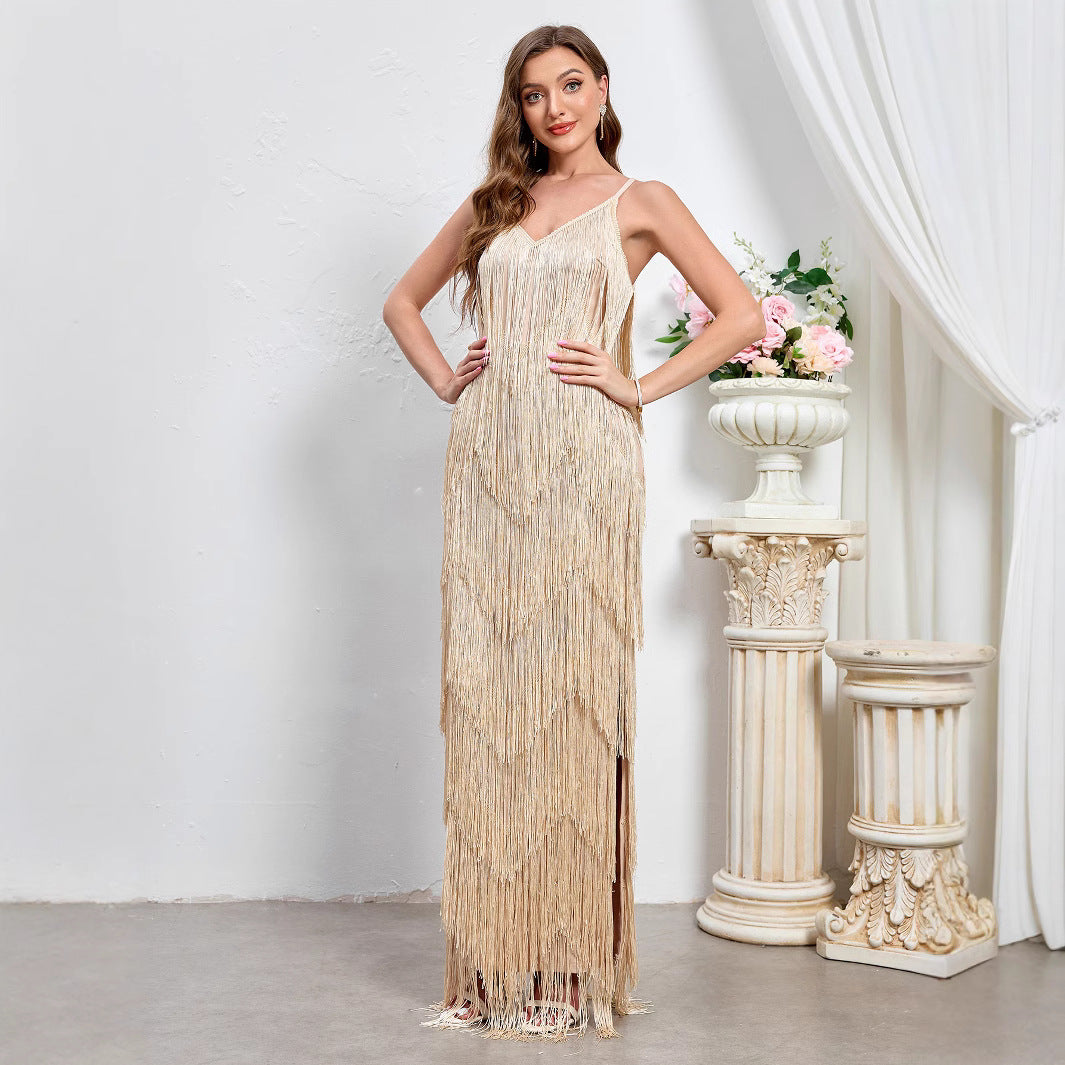 Foreign Trade New Women's Sleeveless Sexy Banquet Strap Long Dress European And American New Party Tassel Dress
