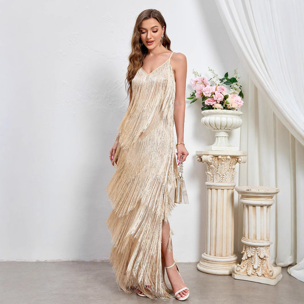 Foreign Trade New Women's Sleeveless Sexy Banquet Strap Long Dress European And American New Party Tassel Dress