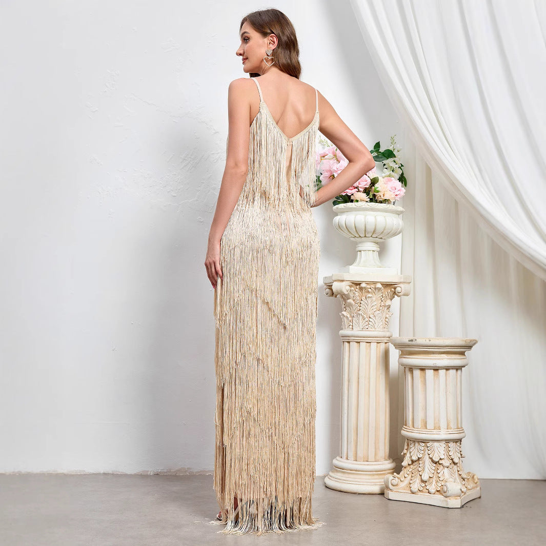 Foreign Trade New Women's Sleeveless Sexy Banquet Strap Long Dress European And American New Party Tassel Dress