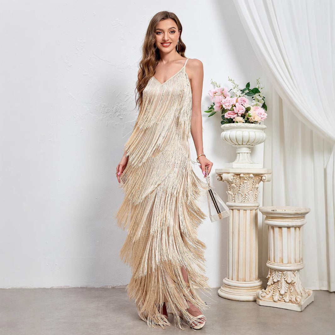 Foreign Trade New Women's Sleeveless Sexy Banquet Strap Long Dress European And American New Party Tassel Dress