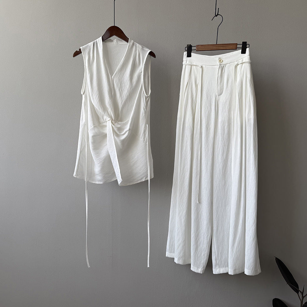 Design Twist Sleeveless Shirt Outfit Temperament Top Wide-leg Draggle-tail Trousers
