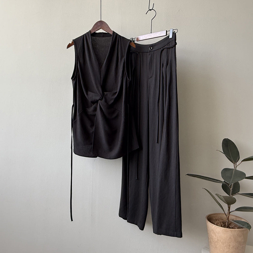 Design Twist Sleeveless Shirt Outfit Temperament Top Wide-leg Draggle-tail Trousers