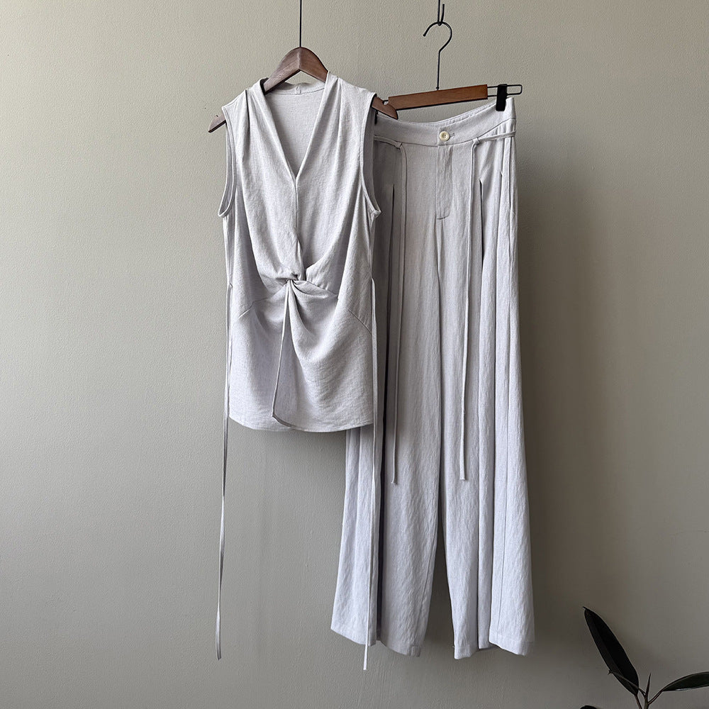 Design Twist Sleeveless Shirt Outfit Temperament Top Wide-leg Draggle-tail Trousers